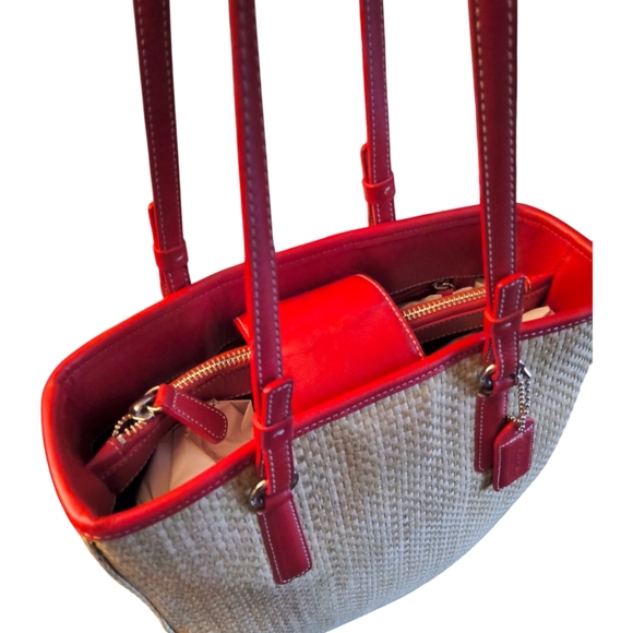 Vintage Coach Cabana Woven Straw and Red Leather Tote - Picture 4 of 13